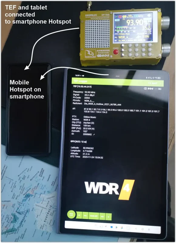 TEF Logger App on tablet connected via Hotspot on smartphone